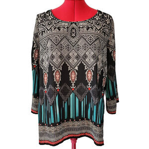 CATO Black Print Lightweight Tunic Boho Peasant Blouse Size M